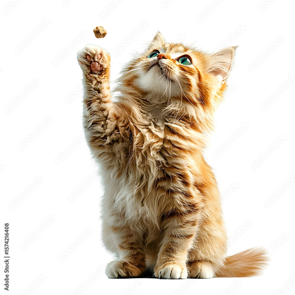 Poster a photograph of a fluffy orange tabby cat mid motion while scratching an unseen object isolated on a