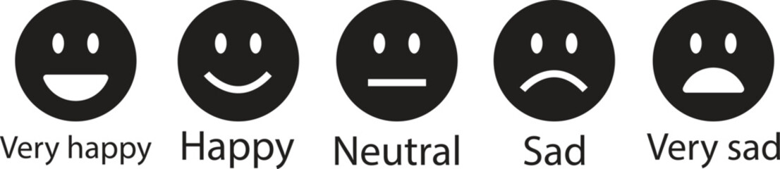 Fototapeta premium Feedback emoticon black flat icon set. Very happy, happy, neutral, sad and very sad emoji. Rating face emoji good to bad customer feedback indicator for survey, reviews, experience and satisfaction.
