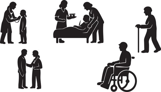 Healthcare Silhouette Icon Set – Doctor, Patient & Supportive Medical Interactions for Clinical Visuals