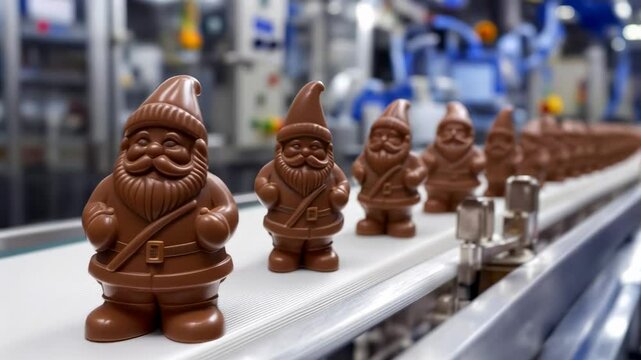 High-tech chocolate production with conveyor of Santa Claus candies in festive factory scene