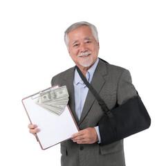 Asian senior man with arm in sling holding clipboard US dollar bills, smiling elderly businessman...