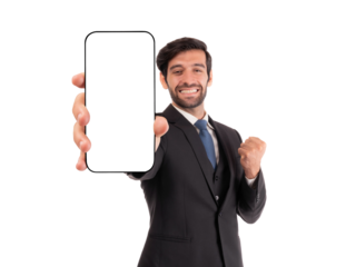 Happy confident businessman showing blank smartphone screen for app promotion, mobile advertisement, success, and business achievement , isolated on a transparent background