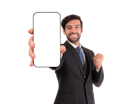 Happy confident businessman showing blank smartphone screen for app promotion, mobile advertisement, success, and business achievement , isolated on a transparent background - Powered by Adobe