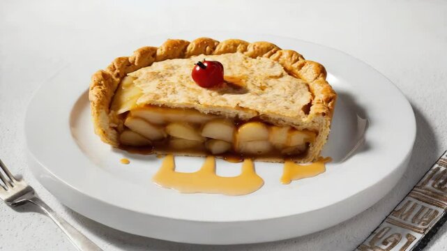 A slice of apple pie with a cherry on top