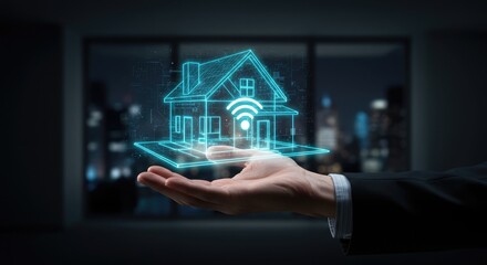 A hand holding or creating a glowing holographic smart home icon with a Wi-Fi symbol. A futuristic concept representing home automation, IoT, connectivity, wireless technology, and modern real estate 