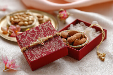 Fototapeta premium beautiful rakhi and box of dry fruits, and a puja thali with a single diya and flowers and sweets in thali