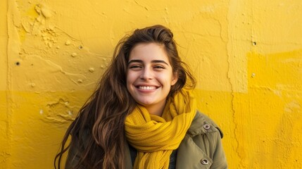 Young woman over yellow wall smiling