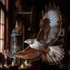 Majestic hawk in graceful flight against a rich dark backdrop capturing nature's beauty and spirit