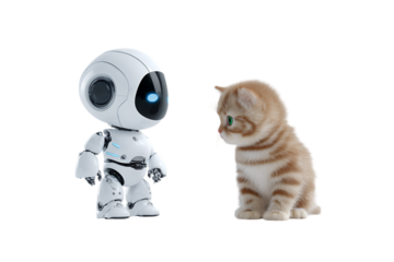 Robot and kitten facing each other
