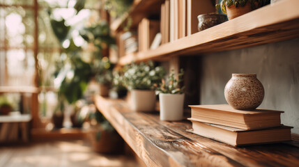 Defocused view of a rustic, welcoming home office with books and plants on wooden shelves, exuding a warm ambiance
