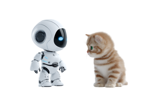 Robot and kitten facing each other