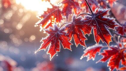 Macro shot of maple leaves coated in delicate morning frost, sunlight glinting on ice crystals, shallow depth of field, vibrant reds and oranges against frosty whites.