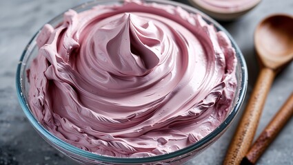 Macro shot of whipped pink clay mask in a glass bowl, airy texture with visible swirls, wooden spoon beside it, natural light, photorealistic detail.