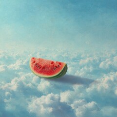 Ethereal watermelon slice on soft cloudscape evokes surreal summer floating high on pastel sky freshness
