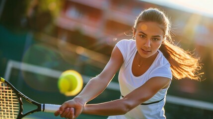 Young woman playing tennis on court
