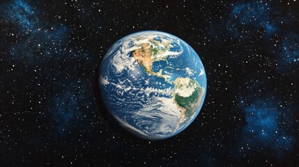 Obraz premium Earth, view from space, surrounded by stars and galaxies. Useful for educational materials and scientific presentations.