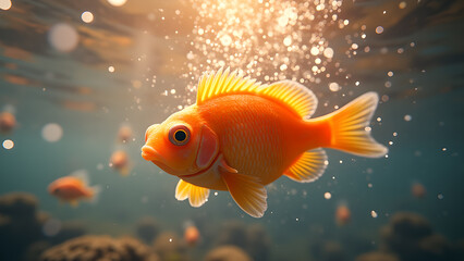 Fototapeta premium A vibrant close up of goldfish swimming gracefully beneath the water surface with sun light