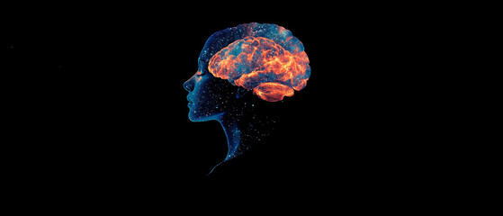 Silhouette of a man with a brain filled with fire and stars on a dark background. Useful for articles about psychology, neuroscience and scientific publications about consciousness.
