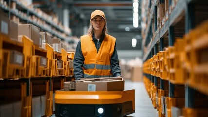 Woman at Work in Warehouse: A focused woman in workwear oversees warehouse operations, surrounded by organized rows of shelves, boxes and a modern autonomous guided vehicle.