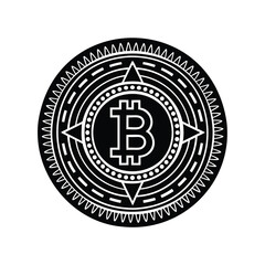 Stylized Bitcoin Cryptocurrency Coin with Geometric Design in Black and White