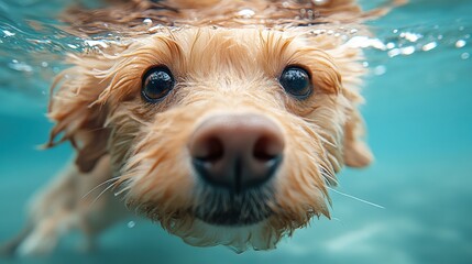 Golden dog explores the world underwater in vibrant teal water creating an immersive close up view