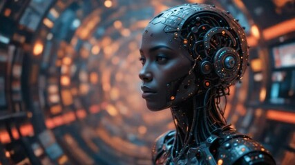 A humanoid African-American woman during the singularity symbolizes agent autonomy and future AGI technology using super intelligence. 4k video - Powered by Adobe