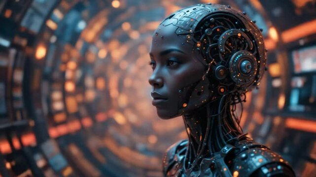A humanoid African-American woman during the singularity symbolizes agent autonomy and future AGI technology using super intelligence. 4k video
