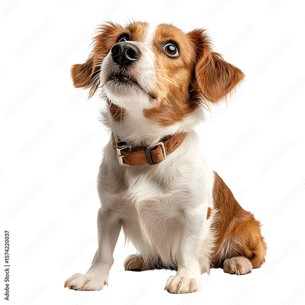 Poster cheerful dog scratching its ear with hind leg in an animated mid motion pose centered and isolated a