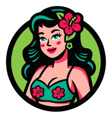 Vintage Cartoon Style Portrait of a Woman with Floral Accessories and Sunset