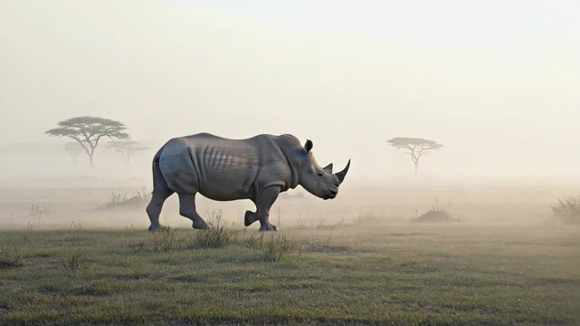A rhino is walking through a field