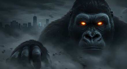 Giant gorilla monster with burning eyes in the fog on the background of skyscrapers of the night city