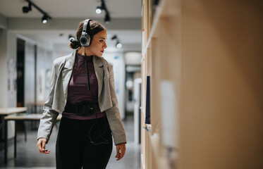 A young woman wearing headphones explores a modern library. She seems focused and curious,...