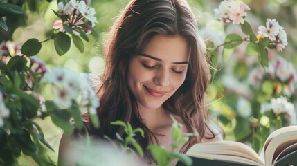 Young woman reading a book in the park with flowers