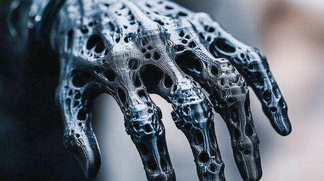 Black orthopedic plastic prosthesis printed on powder 3D printer for hand. Orthopedic gypsum helmet close-up. Multi Jet Fusion MJF 3D printing technology. New modern progressive additive technology