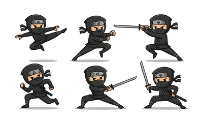 Six Black Chibi Ninjas in Dynamic Poses


