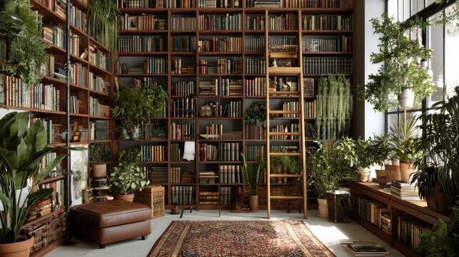 Home library interior with book-filled shelving units, a ladder, and green plants enhancing the space - Powered by Adobe