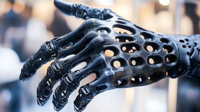 Black orthopedic plastic prosthesis printed on powder 3D printer for hand. Orthopedic gypsum helmet close-up. Multi Jet Fusion MJF 3D printing technology. New modern progressive additive technology
