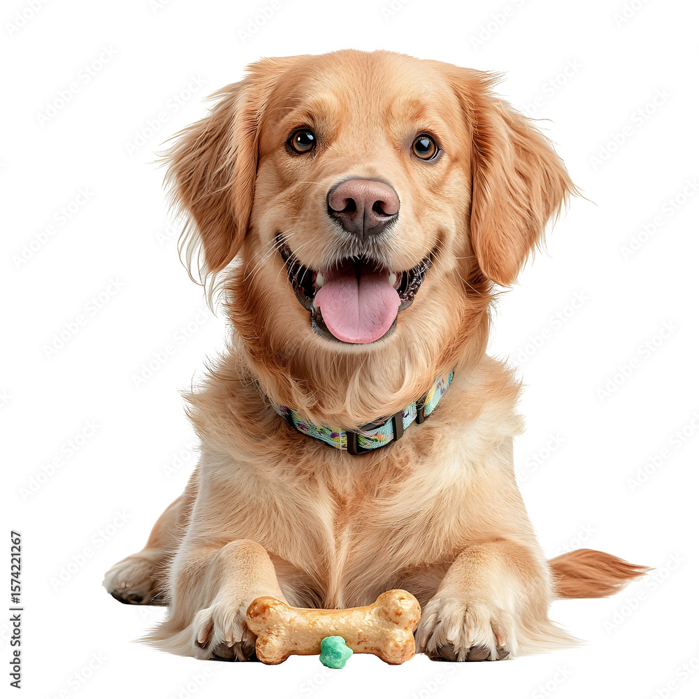 Poster a friendly and relaxed golden retriever dog happily chewing on a bone centered in a clean studio set