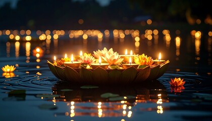 Floating lotus candle display on water at night