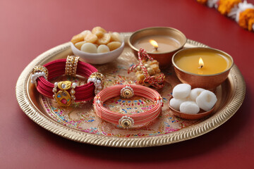 Rakhi or wristband in decorated thali with sweets