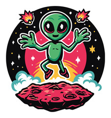 Friendly Cartoon Alien Dancing on Moon Surrounded by Planets and Stars