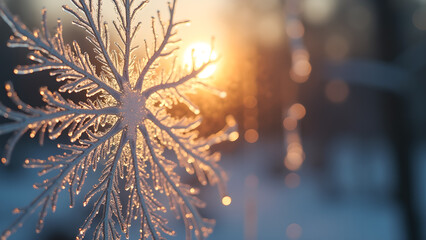 Close up image of an intricate snow flake with a beautiful bright golden winter sun background