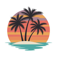 Tropical island with palm trees silhouetted against a colorful sunset

