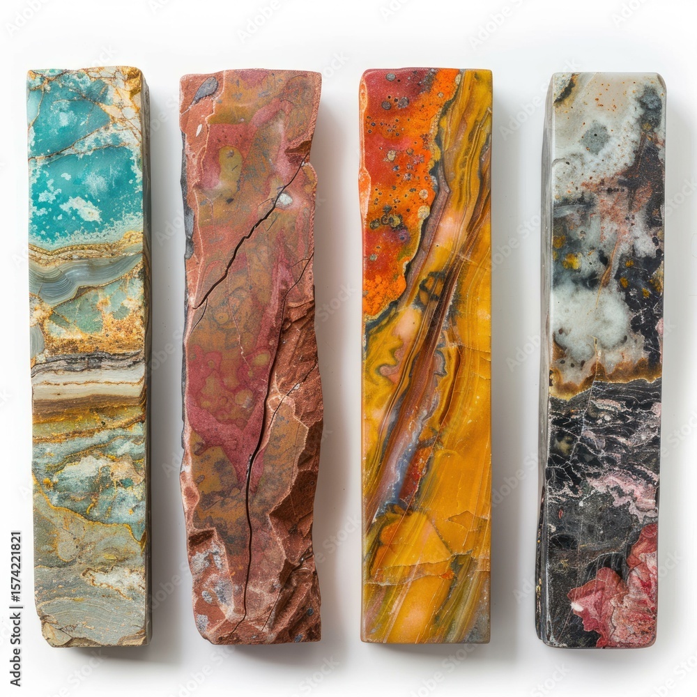 Poster collection of colorful polished rock and mineral specimens arranged vertically, showcasing intricate