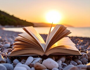 Open book on beach at sunset