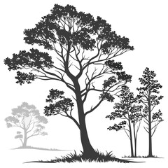 Dark trees with detailed foliage on white forest nature