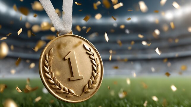 Gold medal of the winner for the first place with number 1 and falling confetti on blurred stadium background