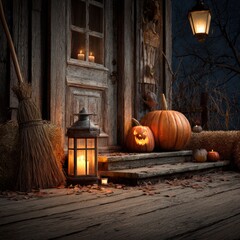 Obraz premium Halloween Decor with Pumpkin, Lantern, Broom, and Hay Bales at Night