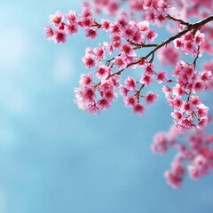 Delicate Pink Cherry Blossom Branch Against Soft Blue Sky Background