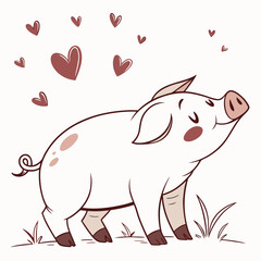 Happy pig with hearts animal cartoon